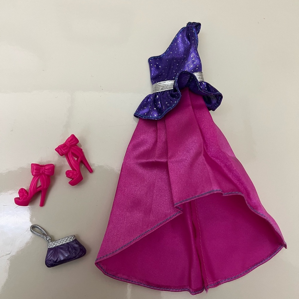 Barbie or any 12” Doll 3pc, Pink/Purple Dress, Shoes & Pocketbook EUC